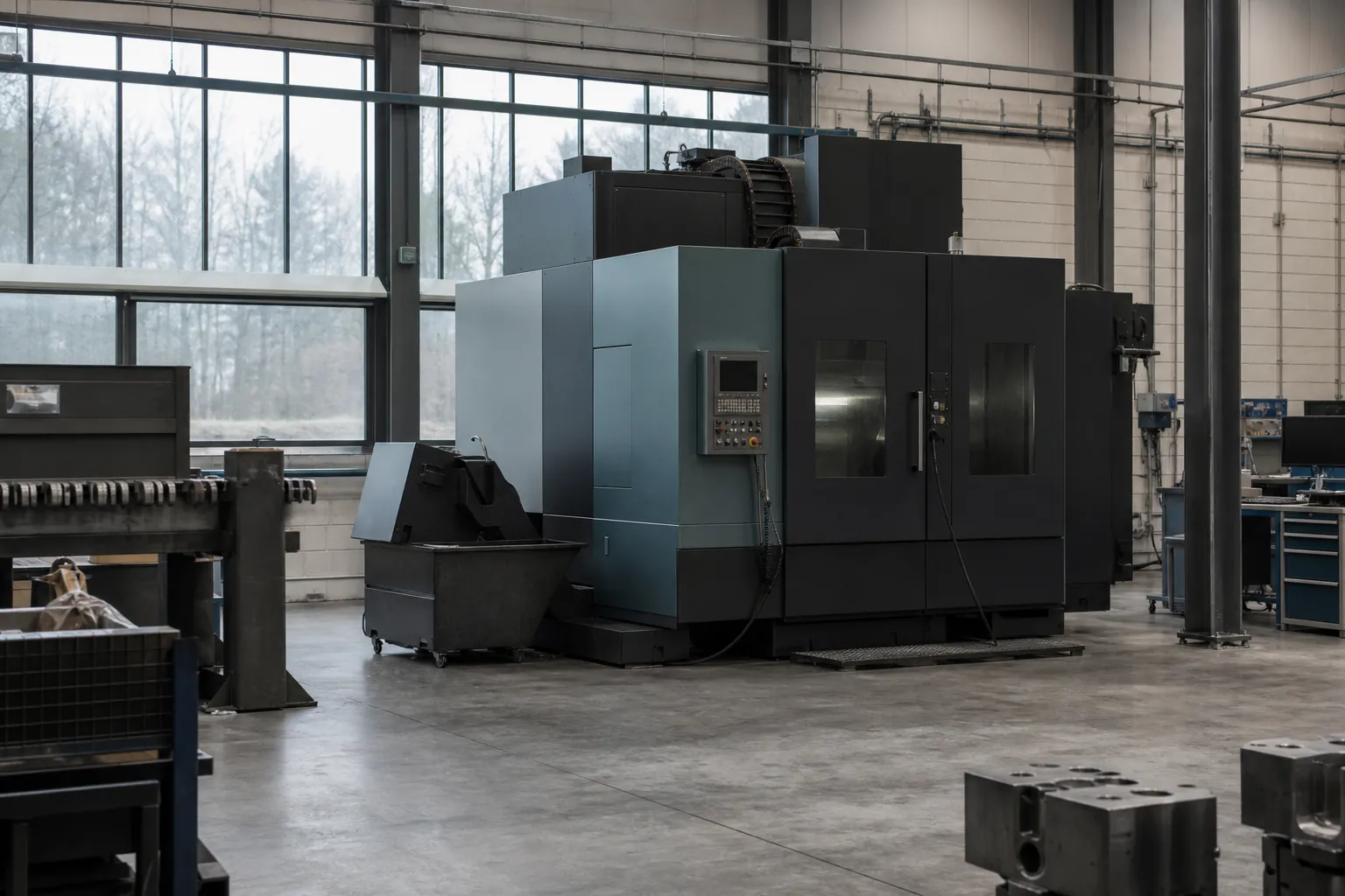 Moderne Bearbeitungsmaschine in einer hellen industriellen Produktionshalle