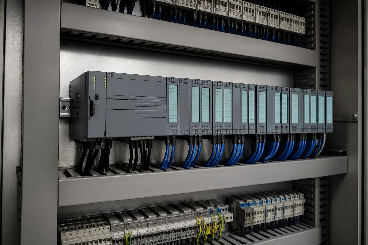 Detailansicht industrieller Automatisierungsmodule und I/O-Verdrahtung in einem Schaltschrank
