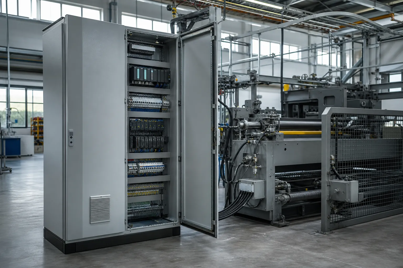 Industrielle Steuerungs- und Arbeitsumgebung mit Schaltschrank und Maschine