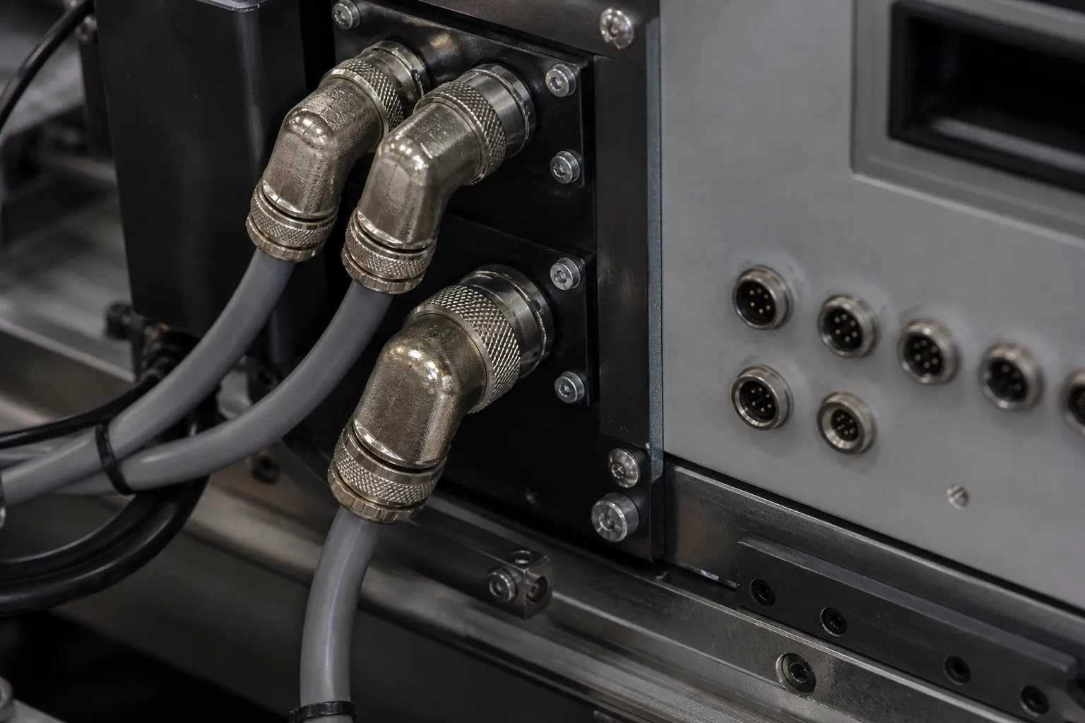 Technische Detailaufnahme von Steckverbindungen, Kabeln und Metallflächen an einer Maschine