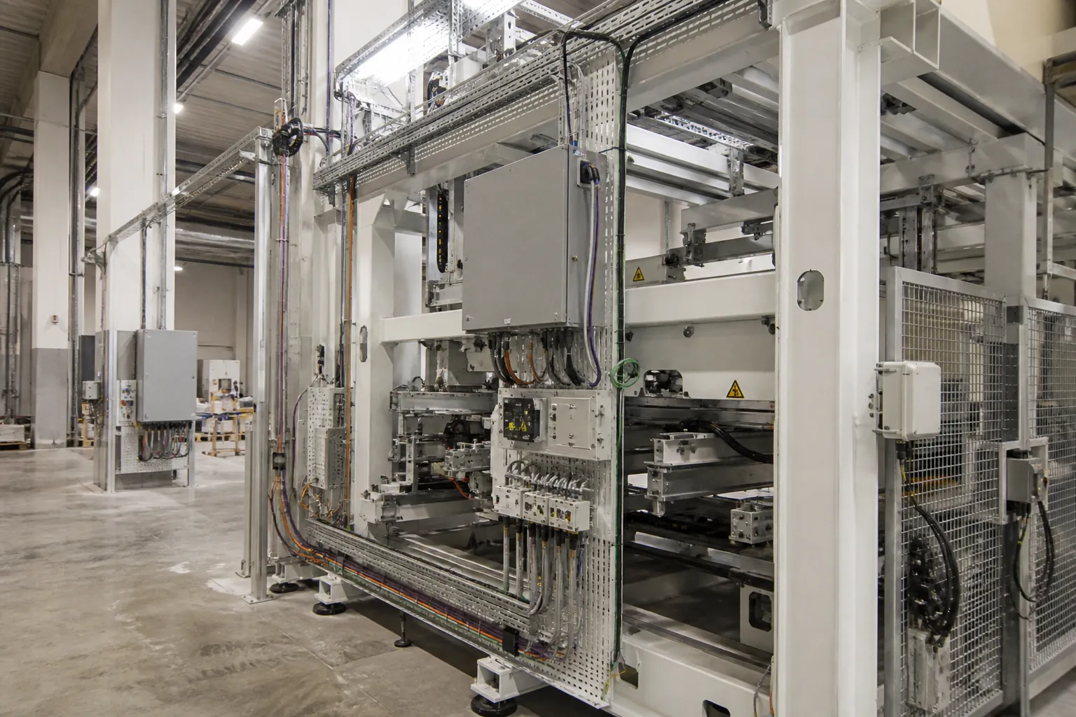 Industrielle Maschine mit Kabeltrassen, Steuerungskomponenten und Maschinenrahmen