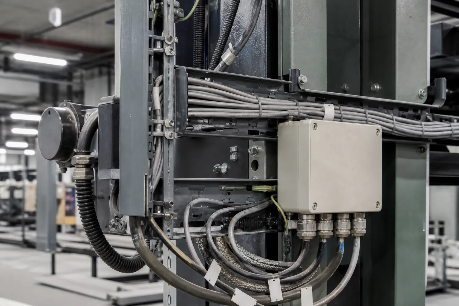 Nahaufnahme industrieller Maschinenverdrahtung mit Kabelkanal, Leitungen und Kabelverschraubungen